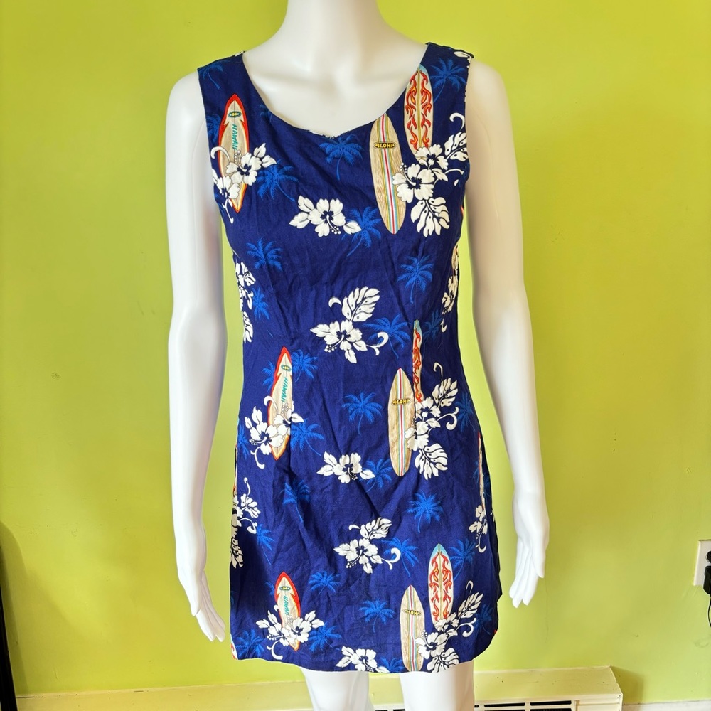 VINTAGE Y2K ALOHA REPUBLIC BLUE HAWAIIAN SURFBOARD GRAPHIC DRESS SIZE SMALL